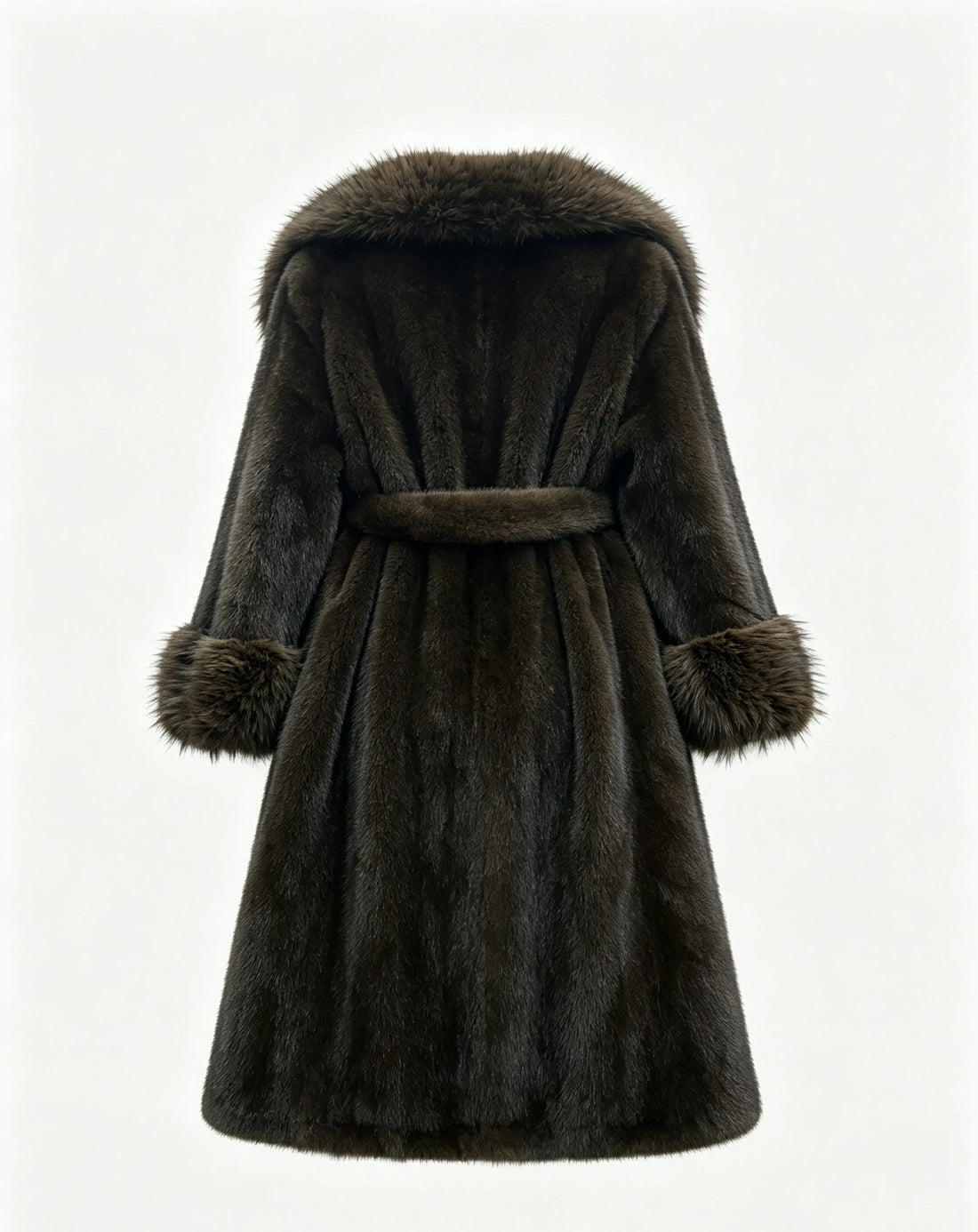 Women's Eco-Friendly Brown Faux Mink Fur Coat Long Winter Overcoat with Belt, 110cm