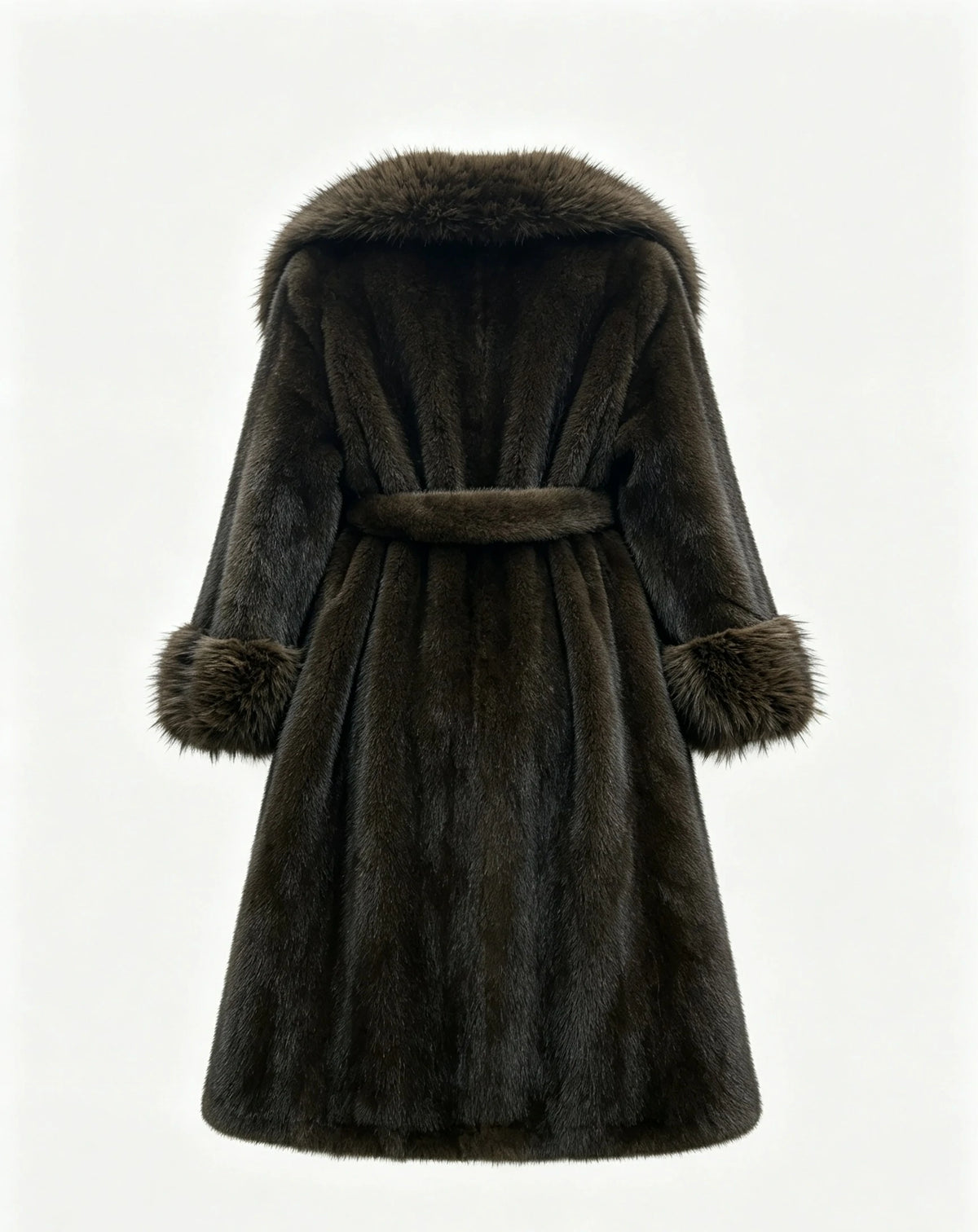Women's Eco-Friendly Brown Faux Mink Fur Coat Long Winter Overcoat with Belt, 110cm