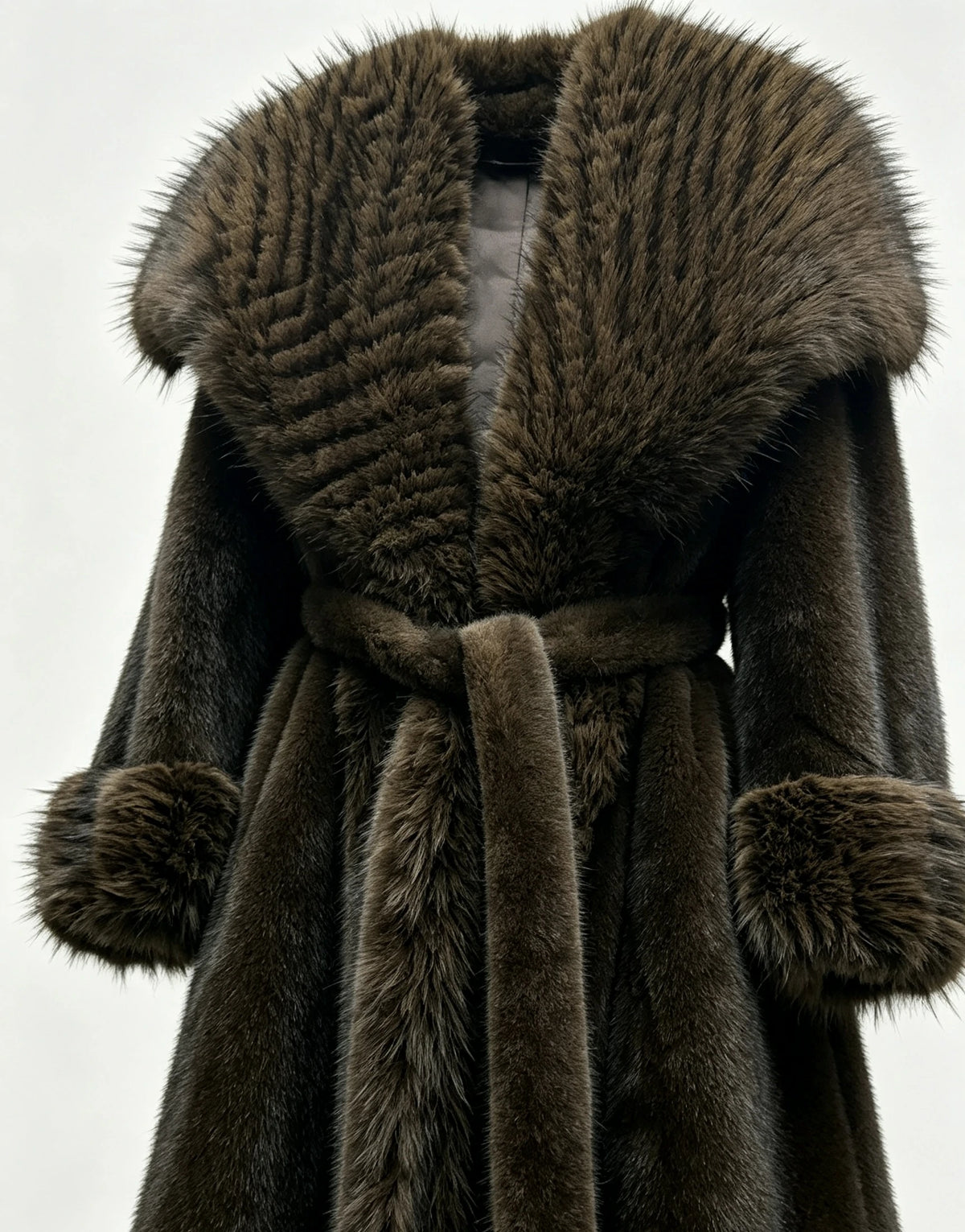 Women's Eco-Friendly Brown Faux Mink Fur Coat Long Winter Overcoat with Belt, 110cm