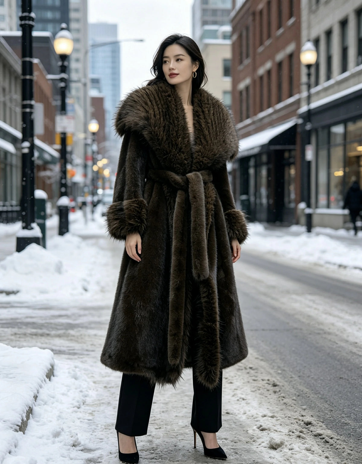 Women's Eco-Friendly Brown Faux Mink Fur Coat Long Winter Overcoat with Belt, 110cm