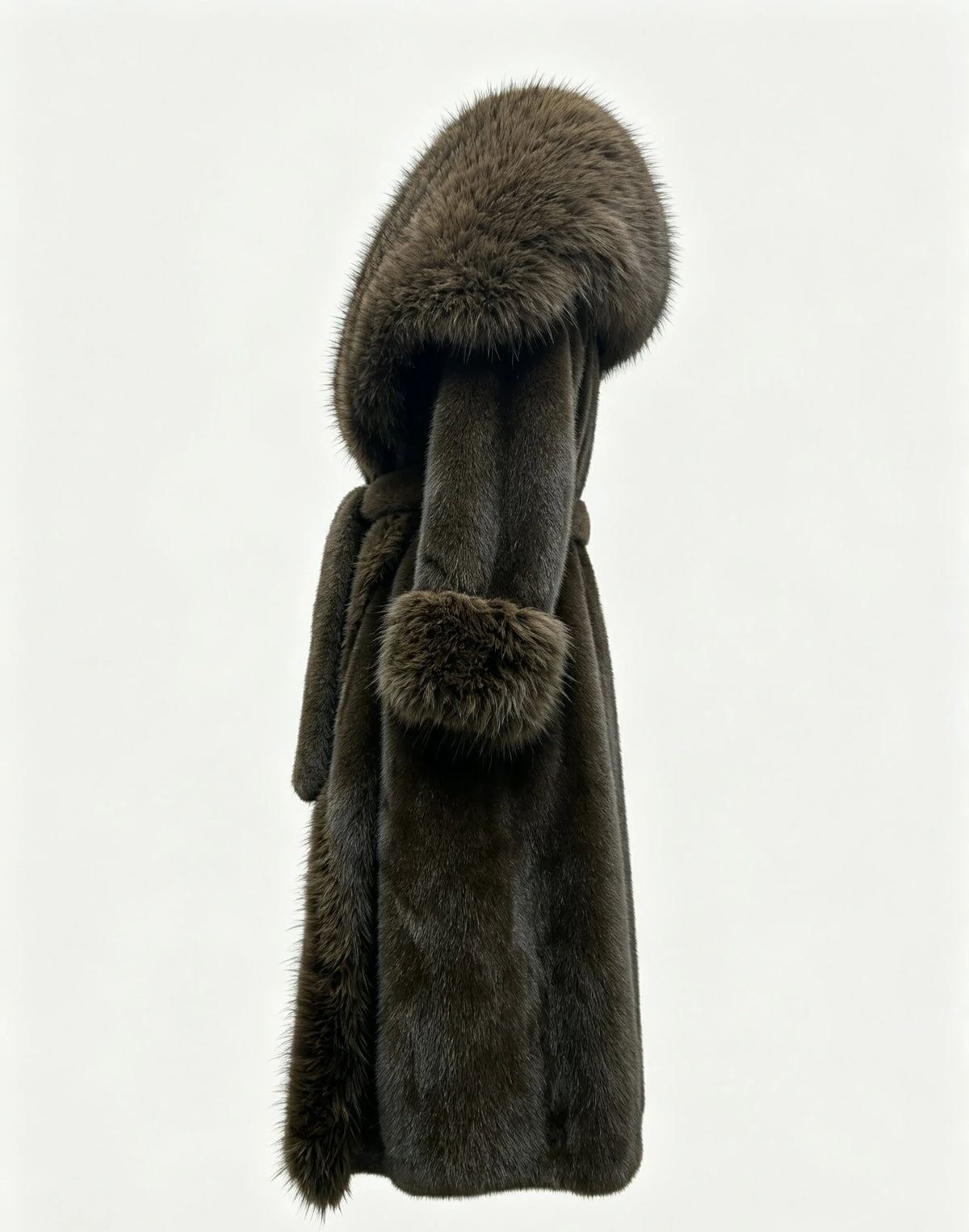 Women's Eco-Friendly Brown Faux Mink Fur Coat Long Winter Overcoat with Belt, 110cm