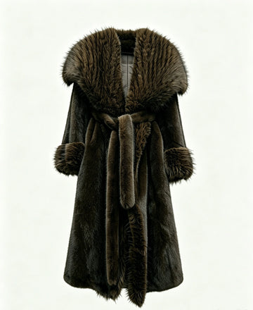 Women's Eco-Friendly Brown Faux Mink Fur Coat Long Winter Overcoat with Belt, 110cm