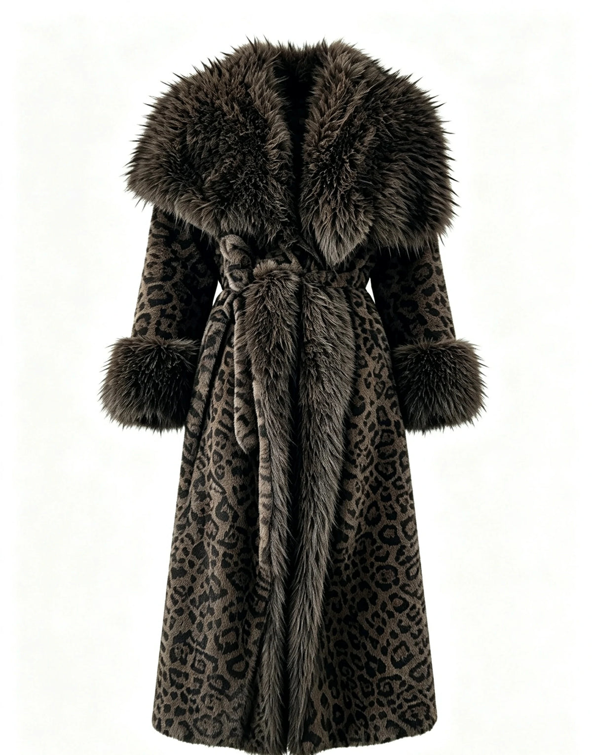 Women's Eco-Friendly Brown Leopard Print Faux Mink Fur Coat Long Winter Overcoat with Belt, 110cm