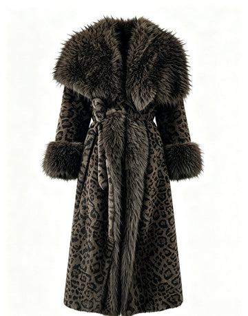 Women's Eco-Friendly Brown Leopard Print Faux Mink Fur Coat Long Winter Overcoat with Belt, 110cm