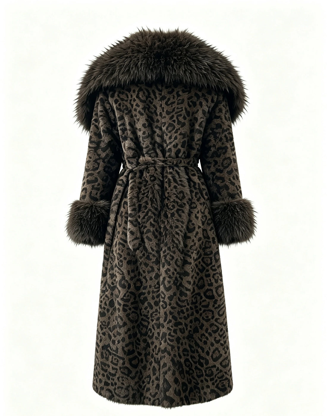 Women's Eco-Friendly Brown Leopard Print Faux Mink Fur Coat Long Winter Overcoat with Belt, 110cm