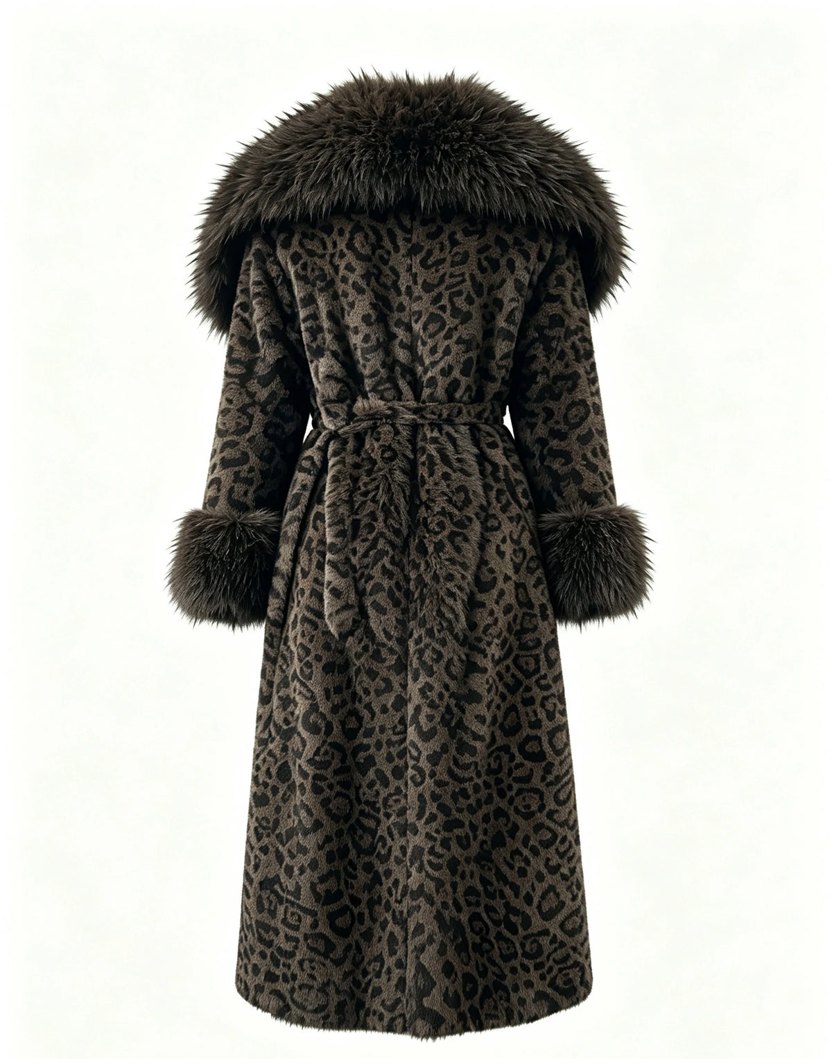 Women's Eco-Friendly Brown Leopard Print Faux Mink Fur Coat Long Winter Overcoat with Belt, 110cm