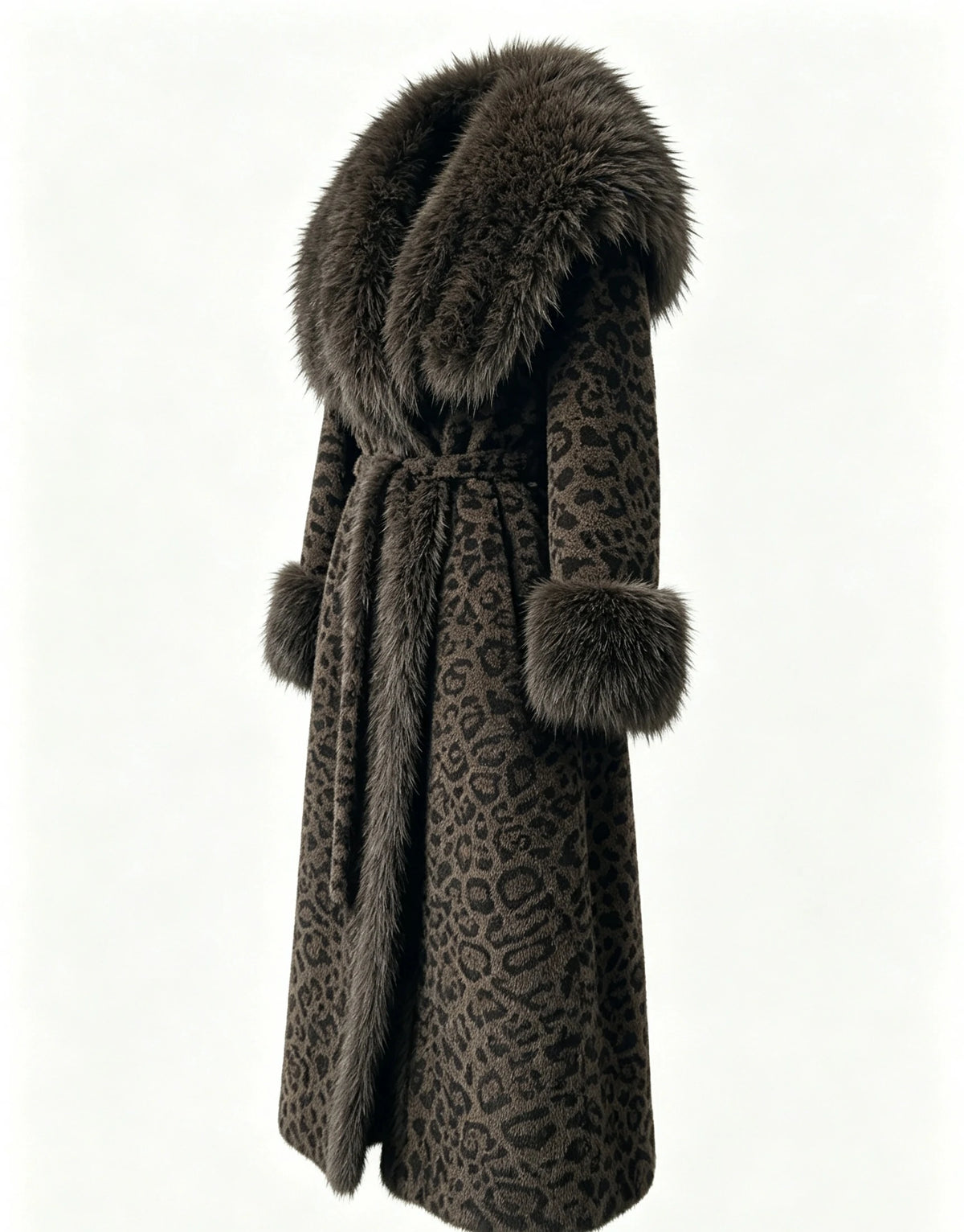 Women's Eco-Friendly Brown Leopard Print Faux Mink Fur Coat Long Winter Overcoat with Belt, 110cm