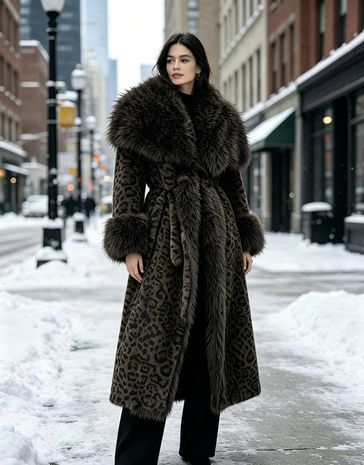 Women's Eco-Friendly Brown Leopard Print Faux Mink Fur Coat Long Winter Overcoat with Belt, 110cm