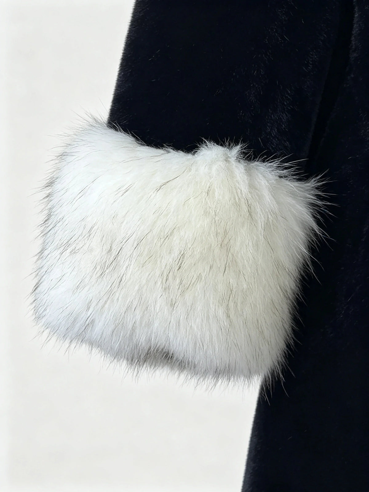 Women's Eco-Friendly Black & White Faux Mink Fur Coat Long Winter Overcoat with White Fur Collar & Belt, 110cm