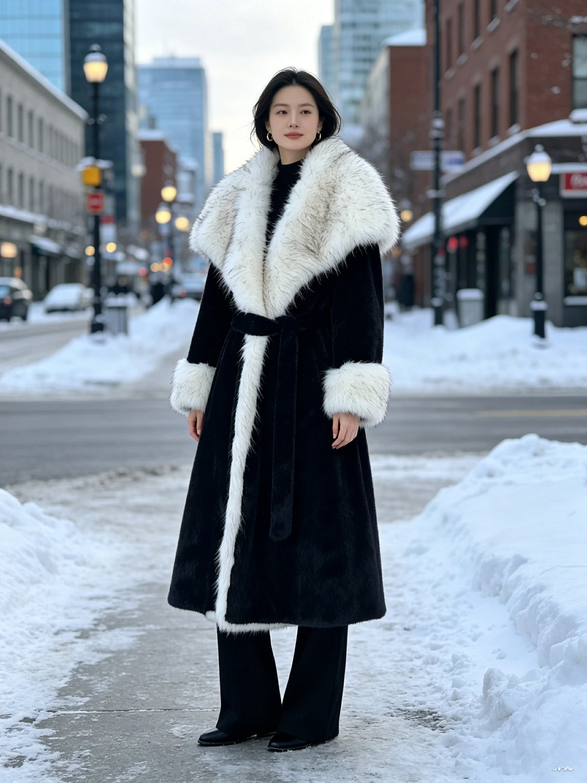 Women's Eco-Friendly Black & White Faux Mink Fur Coat Long Winter Overcoat with White Fur Collar & Belt, 110cm