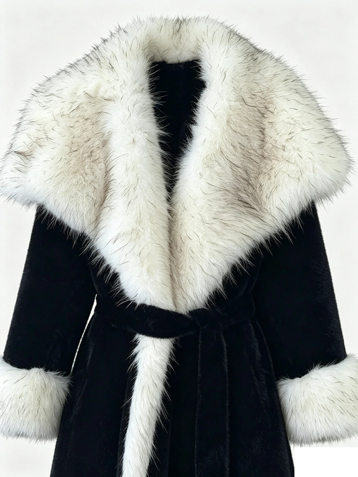 Women's Eco-Friendly Black & White Faux Mink Fur Coat Long Winter Overcoat with White Fur Collar & Belt, 110cm