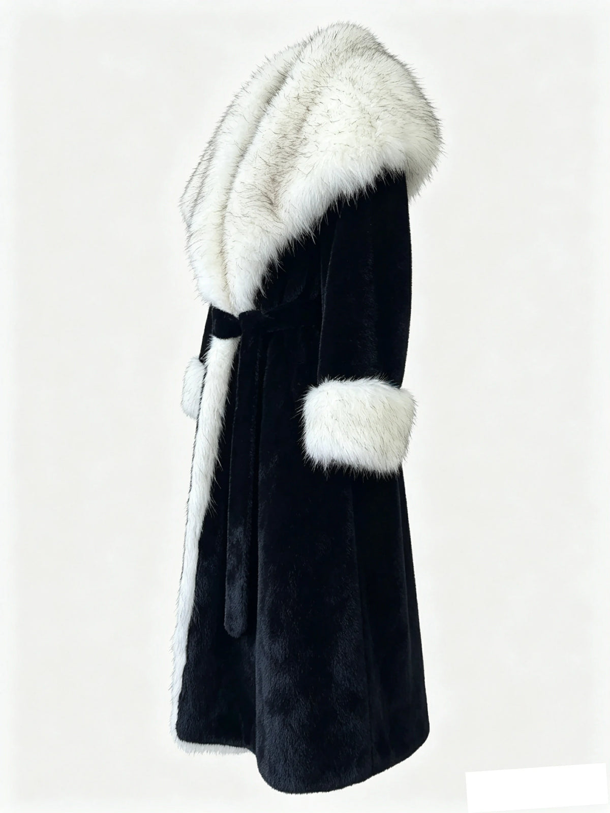 Women's Eco-Friendly Black & White Faux Mink Fur Coat Long Winter Overcoat with White Fur Collar & Belt, 110cm