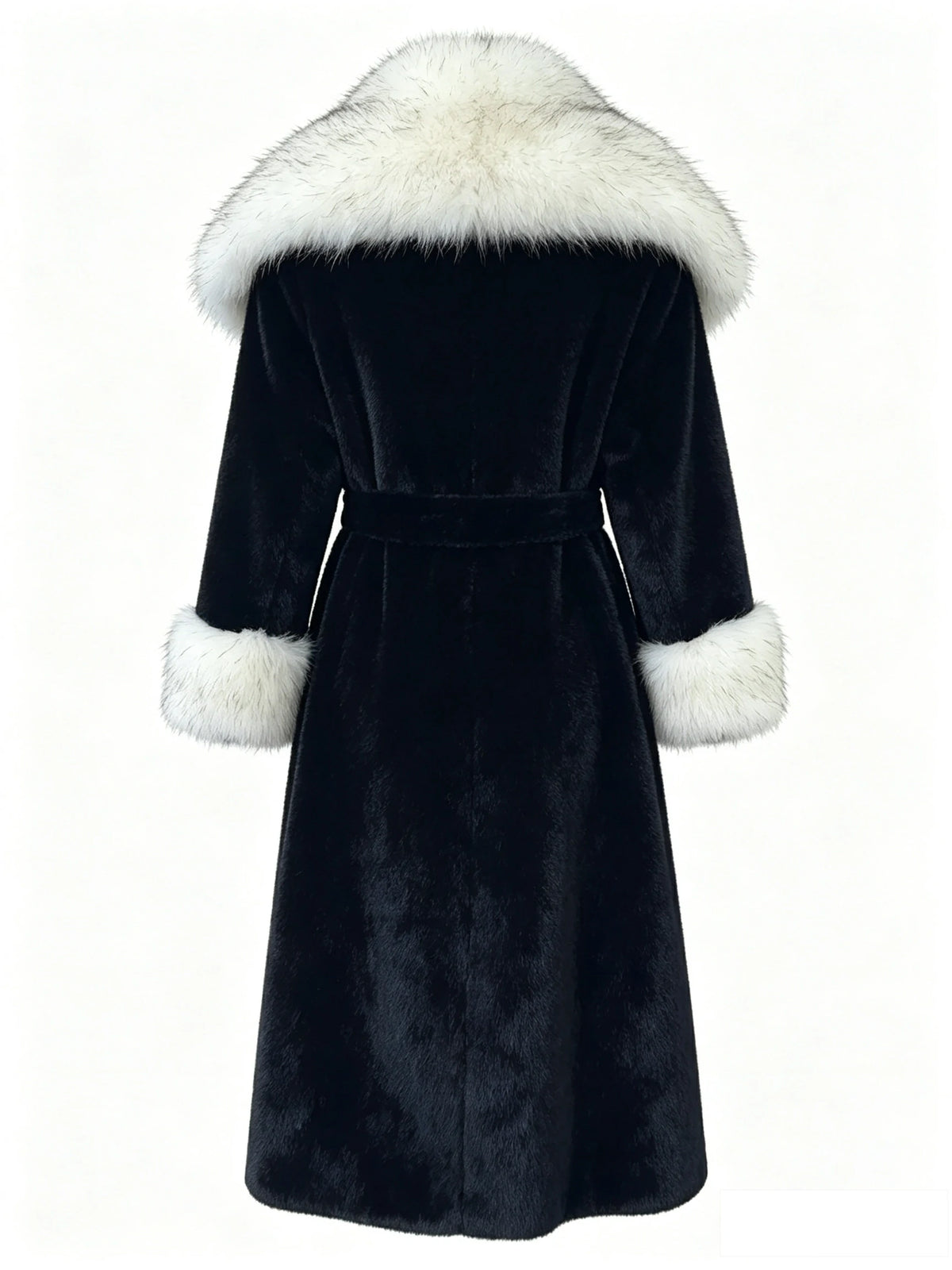 Women's Eco-Friendly Black & White Faux Mink Fur Coat Long Winter Overcoat with White Fur Collar & Belt, 110cm