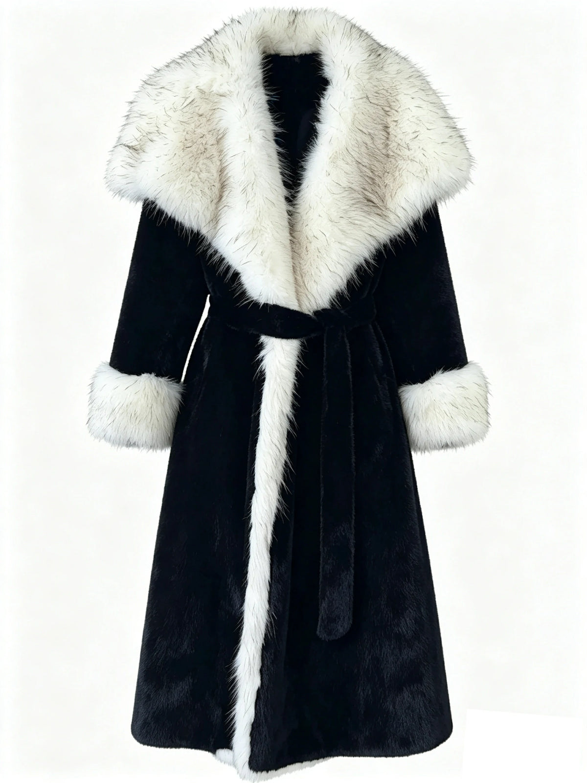 Women's Eco-Friendly Black & White Faux Mink Fur Coat Long Winter Overcoat with White Fur Collar & Belt, 110cm
