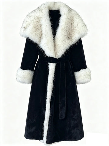 Women's Eco-Friendly Black & White Faux Mink Fur Coat Long Winter Overcoat with White Fur Collar & Belt, 110cm